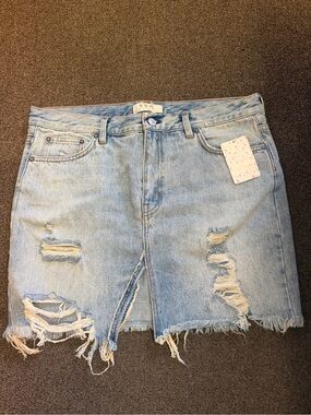 Free People Light Wash Distressed Denim Mini Skirt